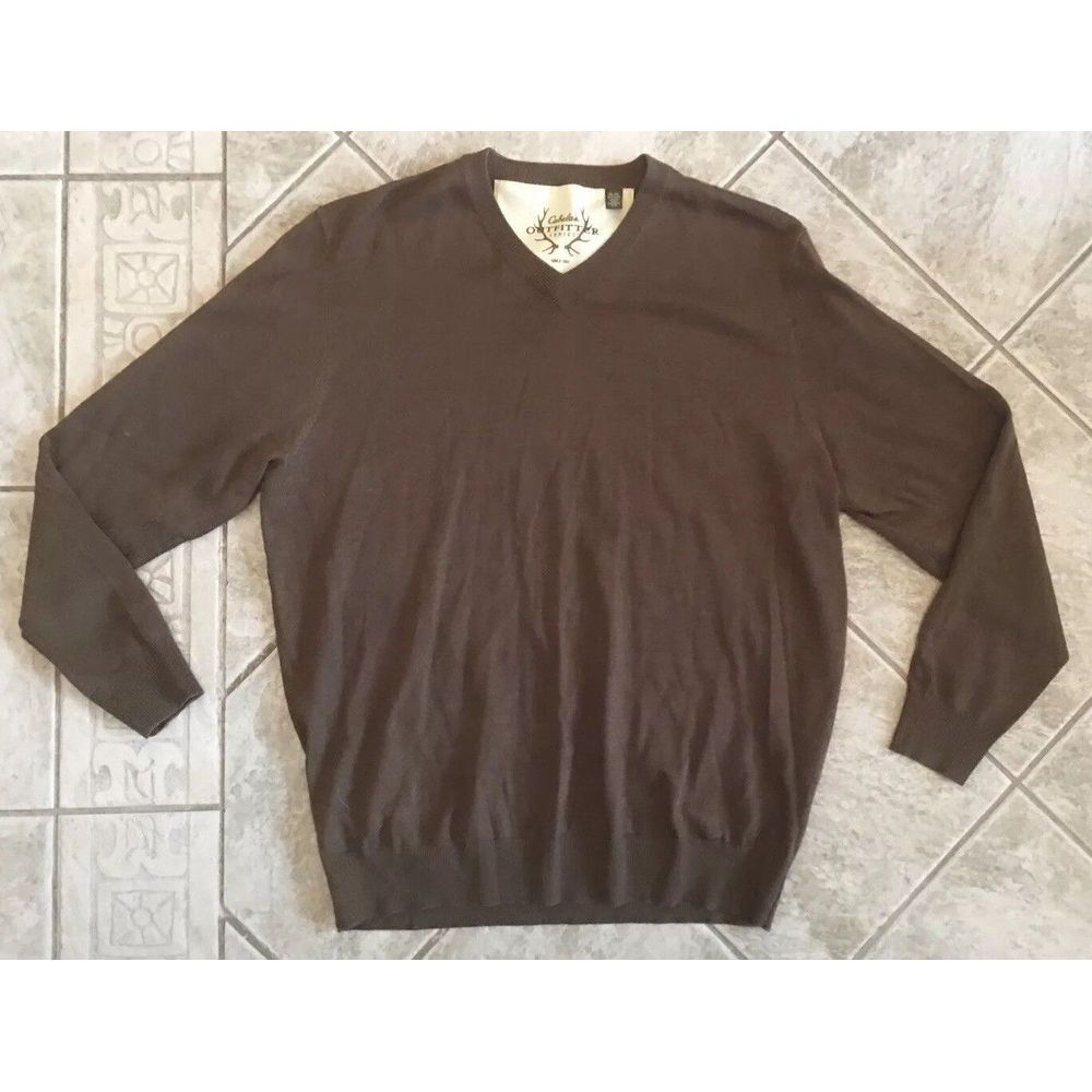 Cabelas Outfitter Series Men's Brown Wool Blend V-neck Sweater Size XLarge Knit